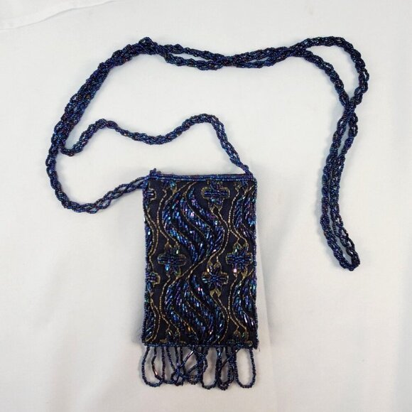 Vintage Blue Beaded Evening Bag With Fringe & Strap - Picture 9 of 12